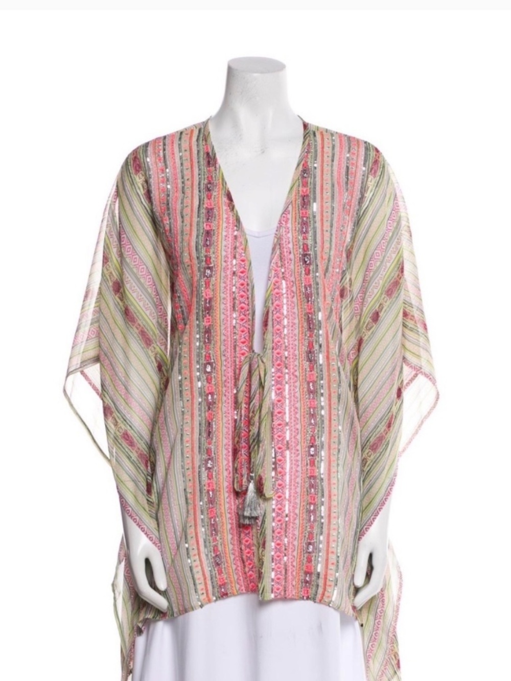 Ramy Brook Swim Cover Up, M/L Ciro Geometric chiffon striped, beaded
